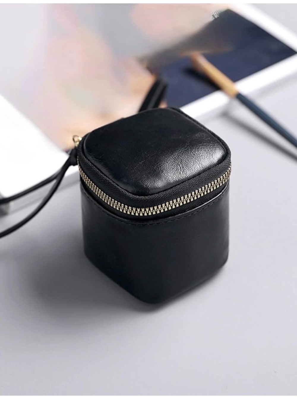 Vintage Black Leather Cube Crossbody Pouch with Gold Zipper